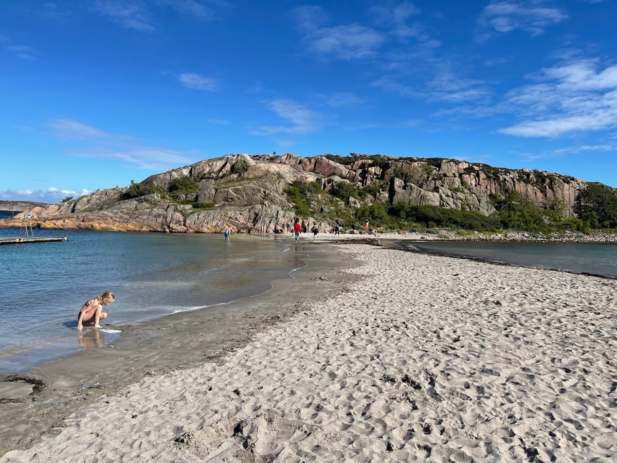 Familj som fiskar krabbor från brygga i Lysekil, Bohuslän